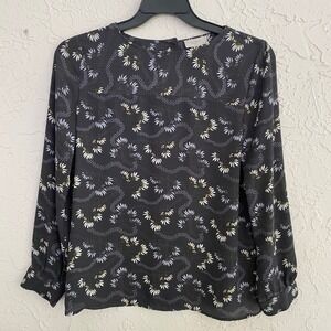 LOFT‎ Outlet Blouse Women Medium Black Floral Long Sleeve Keyhole Back Crepe Top
